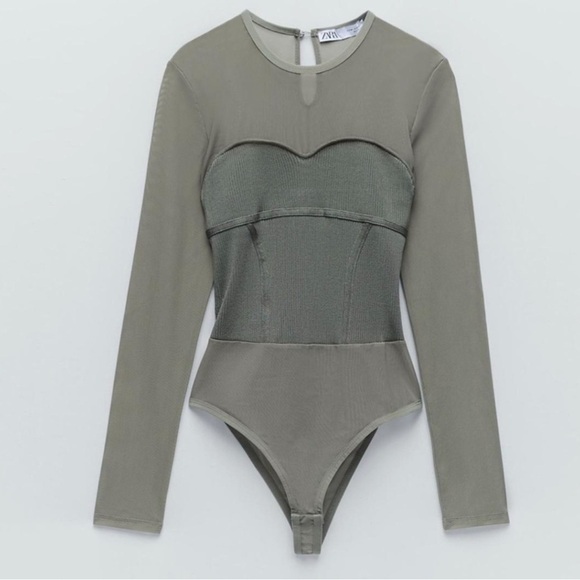 Zara Khaki Mesh Knit Long Sleeve Bodysuit - Picture 3 of 9